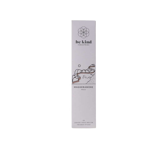 A package of Be Kind brand incense sticks with the scent marked as 'Magheramore - Musk'. The packaging is primarily white and gray with  a minimalist design.
