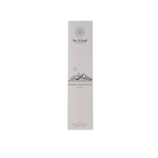 A package of Be Kind brand incense sticks with 'Mourne Mountains Jasmine' written on it, indicating a jasmine fragrance.