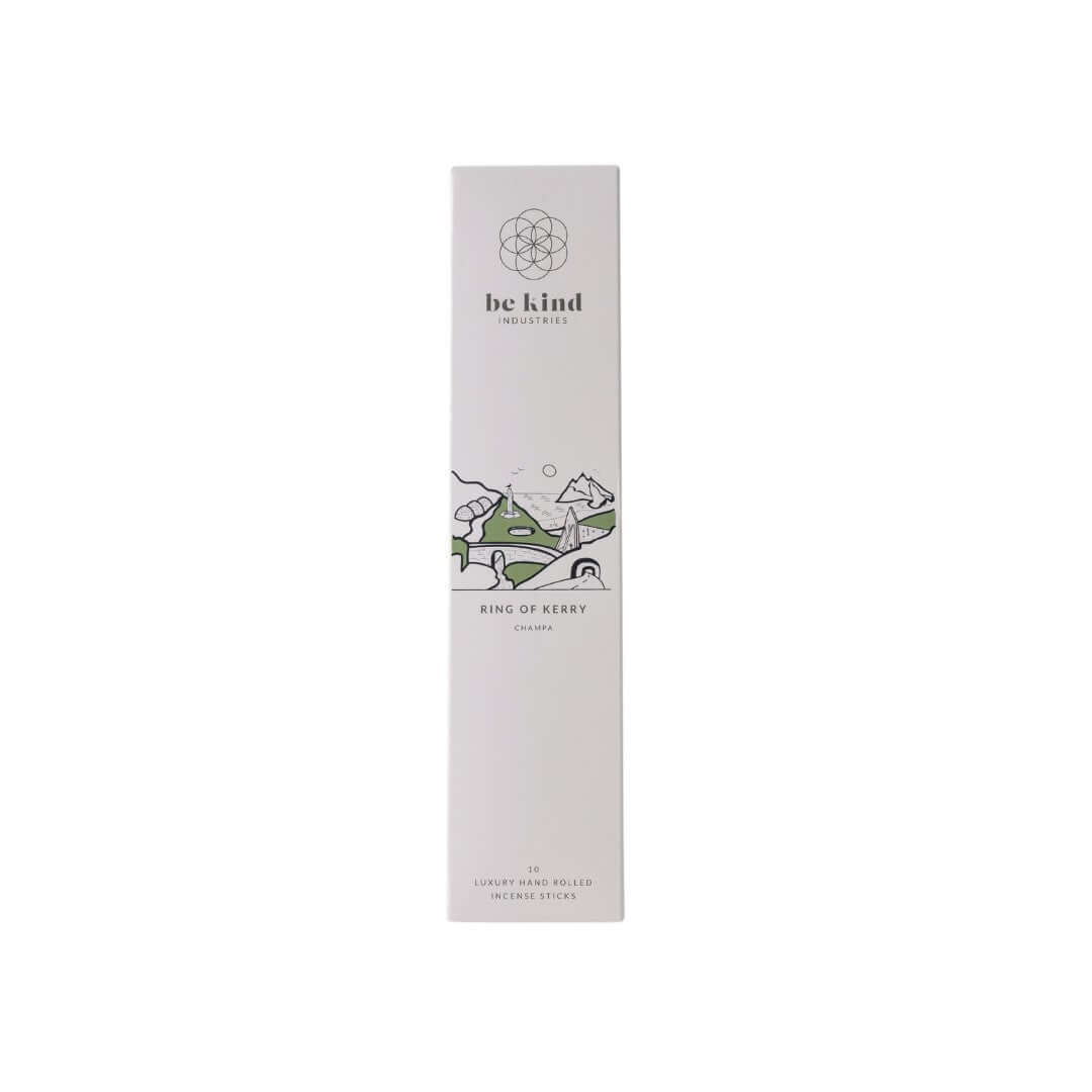 A package of Be Kind brand incense sticks, labeled 'Ring of Kerry-Champa' with a minimalist design.