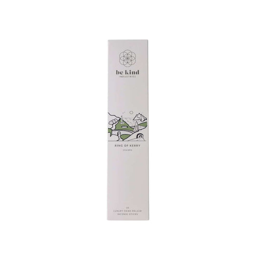 A package of Be Kind brand incense sticks, labeled 'Ring of Kerry-Champa' with a minimalist design.