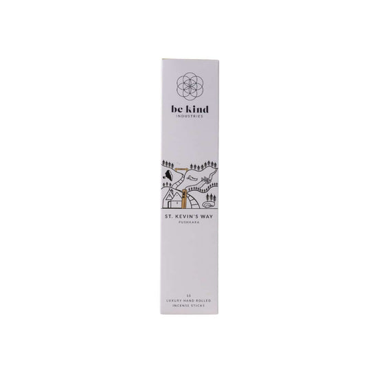 A package of Be Kind luxury hand-rolled Pushkar incense with a graphic design featuring St. Kevin's Way.