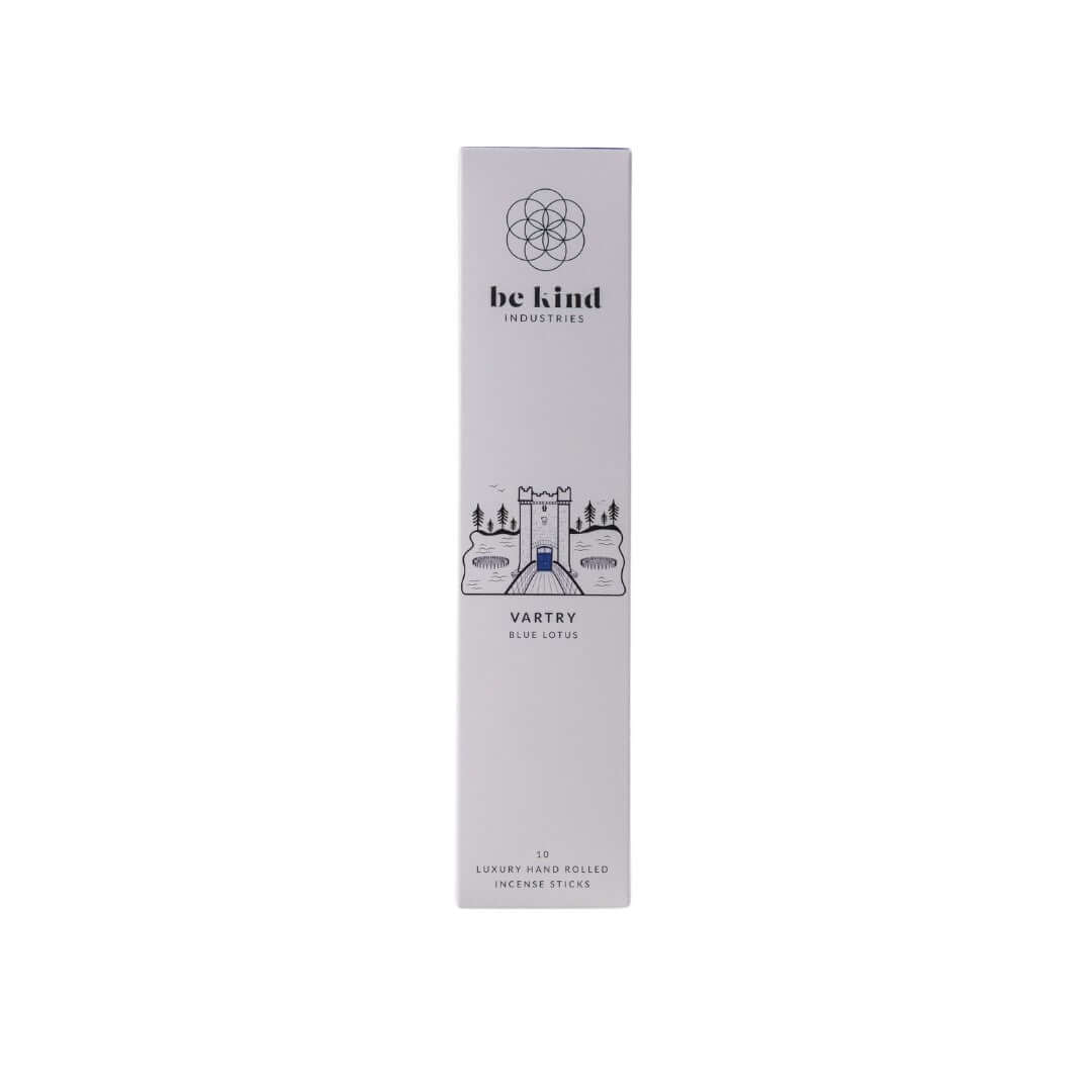A box of Be Kind Industries incense sticks with 'Vartry- Blue Lotus' written on it, against a plain background.