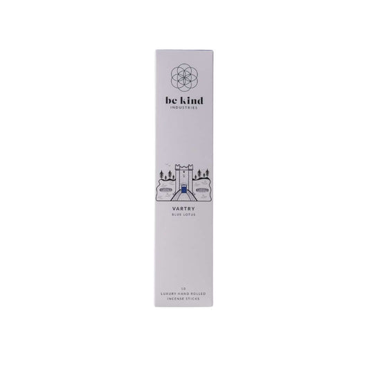 A box of Be Kind Industries incense sticks with 'Vartry- Blue Lotus' written on it, against a plain background.