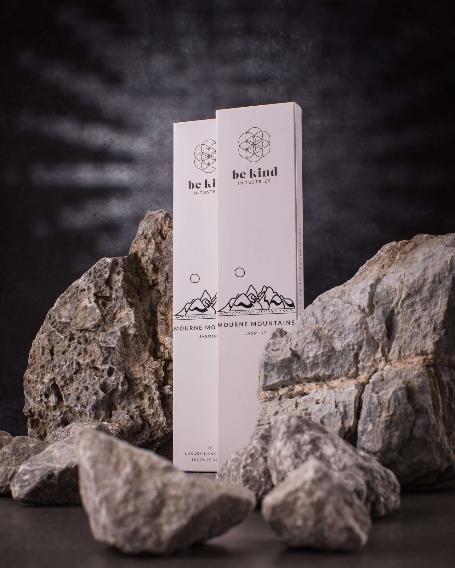 A package of Be Kind brand incense sticks, labeled 'Mourne Mountains' with  rocks scattered around