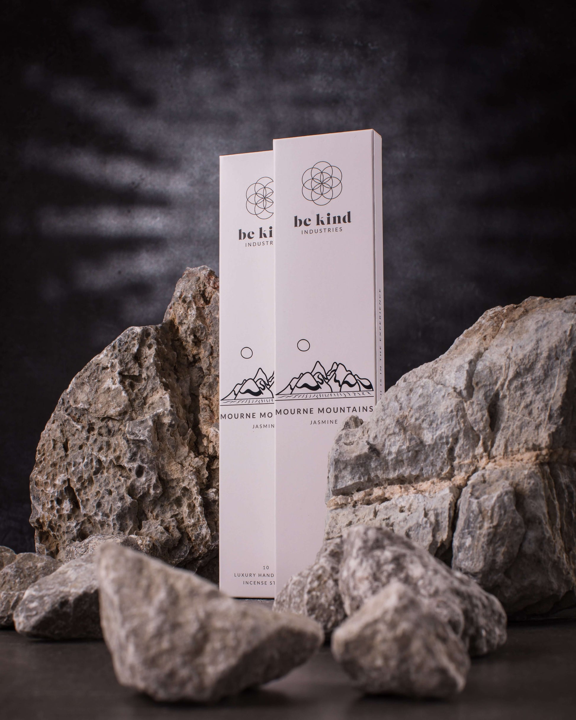 A package of Be Kind brand incense sticks, labeled 'Mourne Mountains' with  rocks scattered around