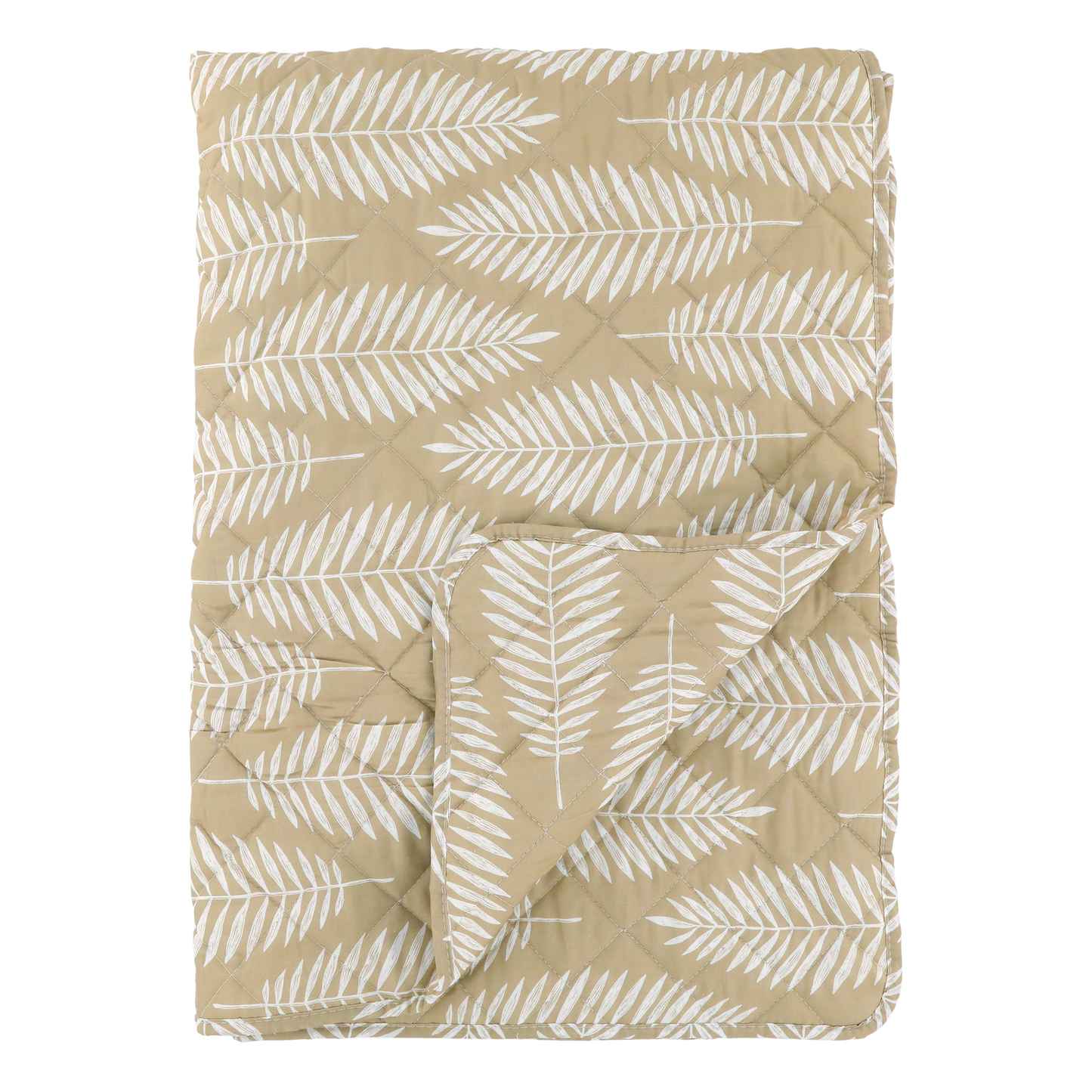 beige white tropical leaf quilt folded and displayed with textured fabric design