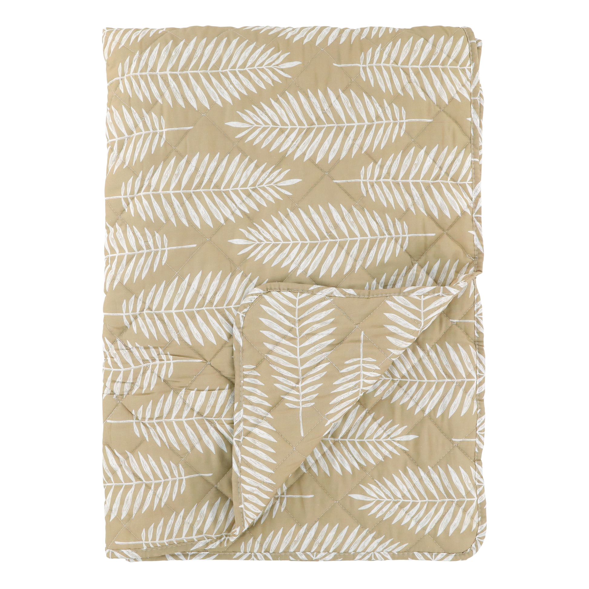beige white tropical leaf quilt folded and displayed with textured fabric design