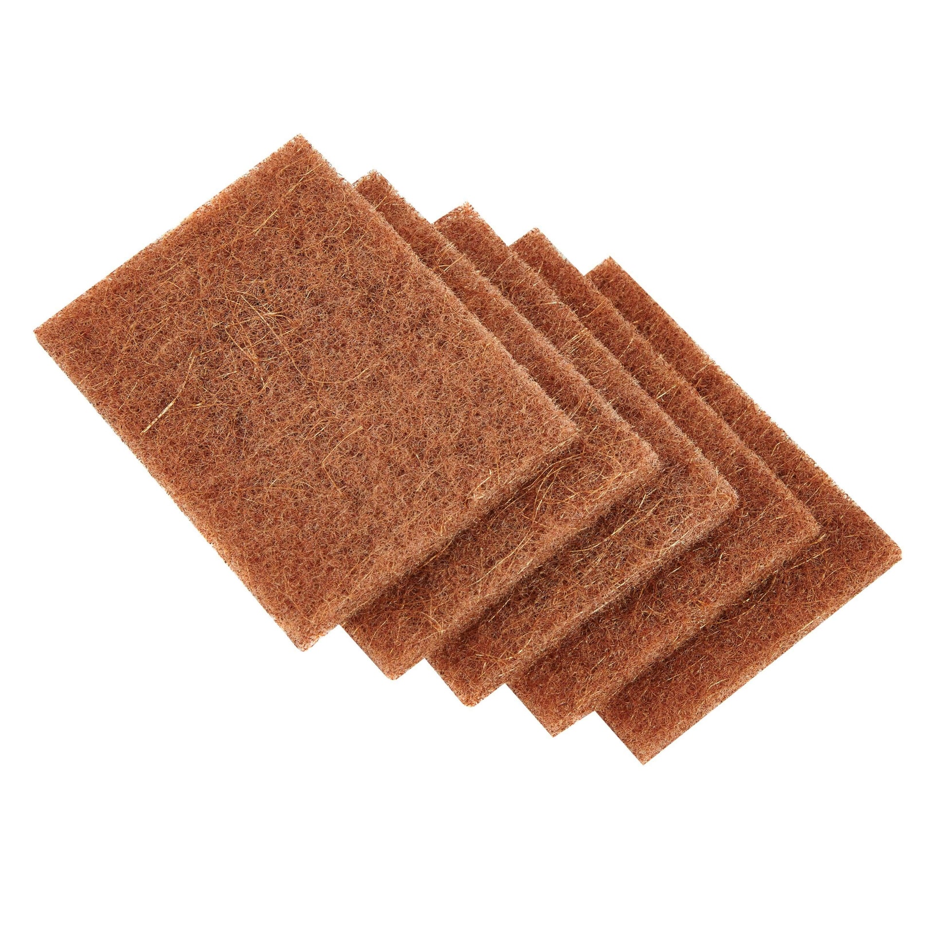A pack of five brown biodegradable coconut kitchen scourers.
