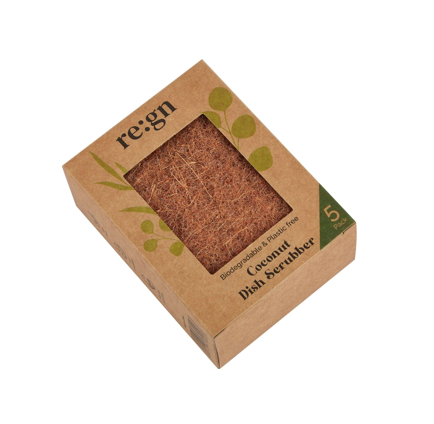 Biodegradable Coconut Kitchen Scourers - Pack of 5 in box on a white background