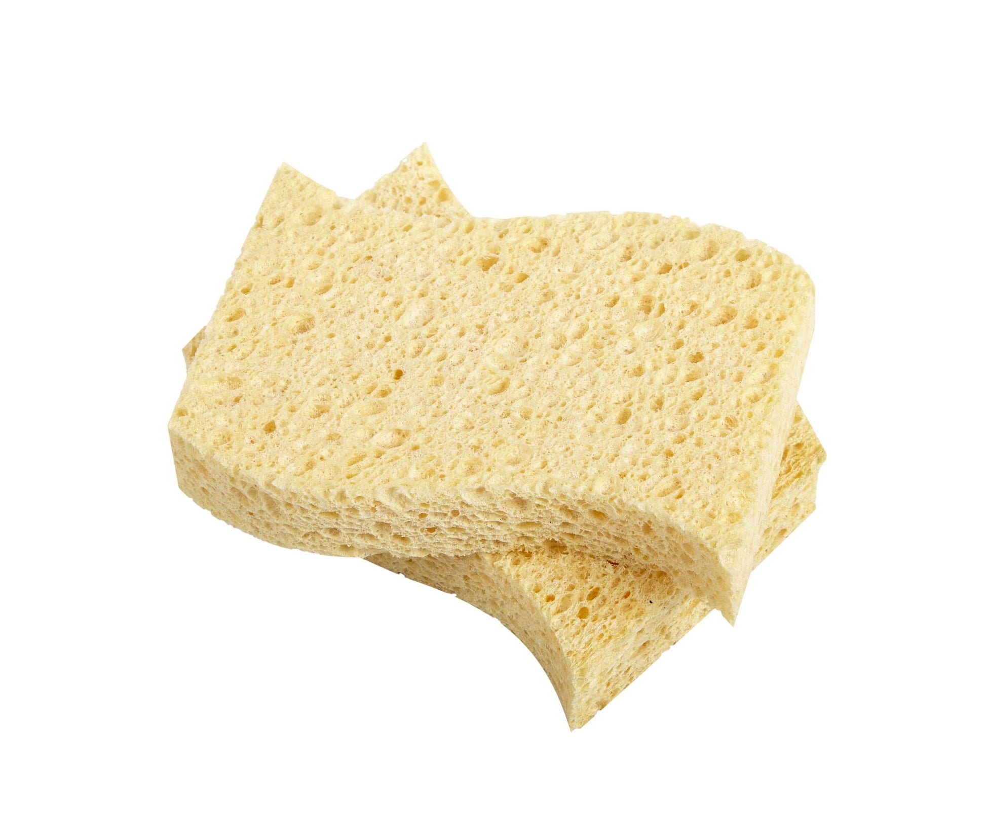 Two beige biodegradable kitchen sponges made from sustainable wood pulp.