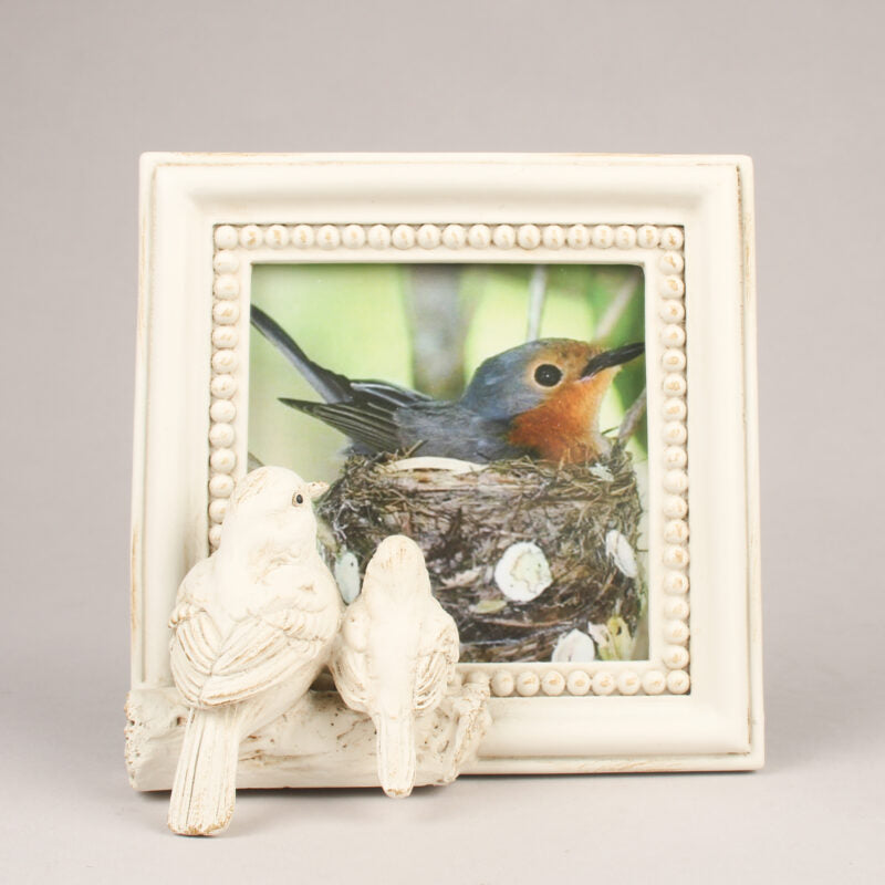 Decorative frame with bird design holding a picture of a bird and nest on a gray background