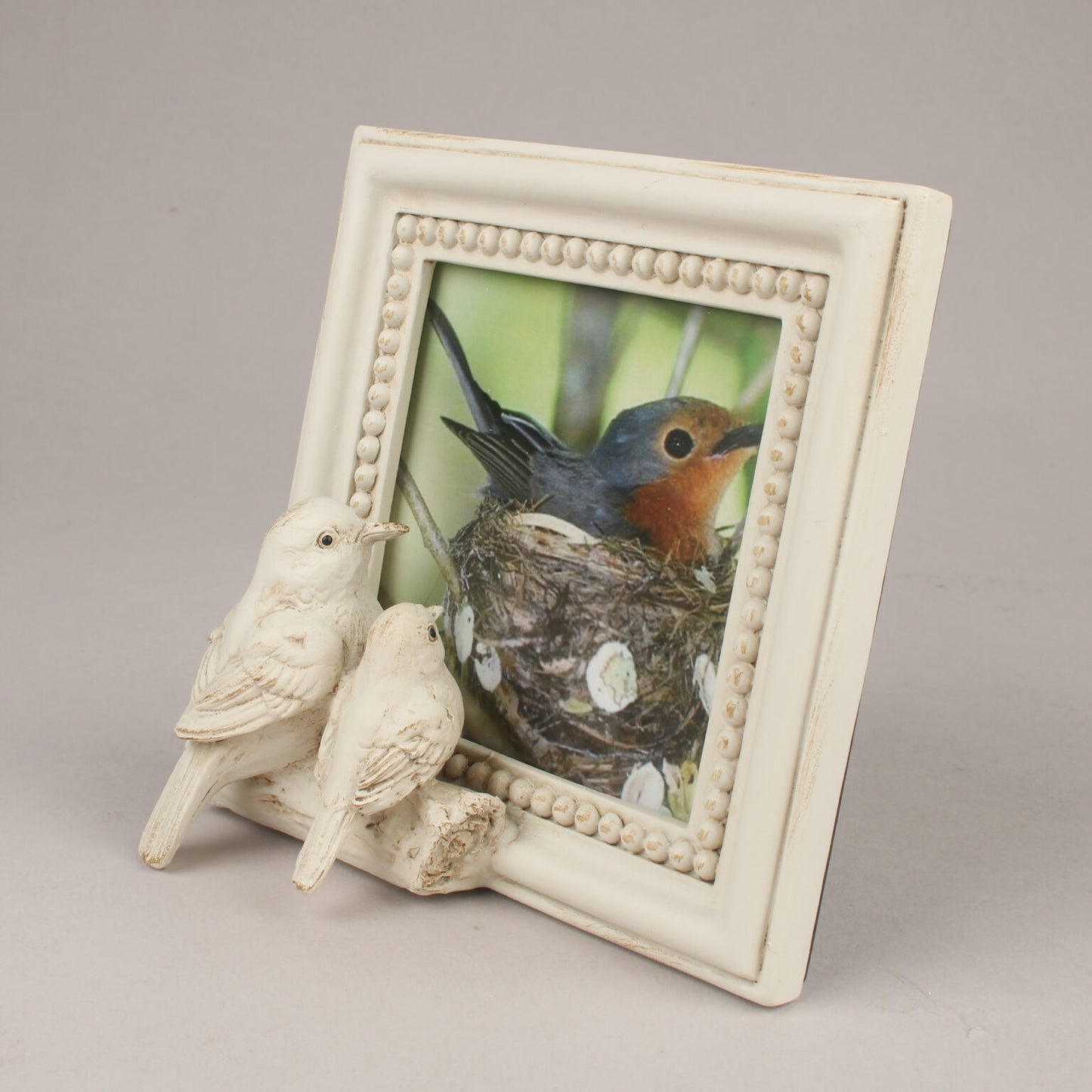 Decorative frame with a picture of a bird and nest, accompanied by two small bird figurines on a neutral background.