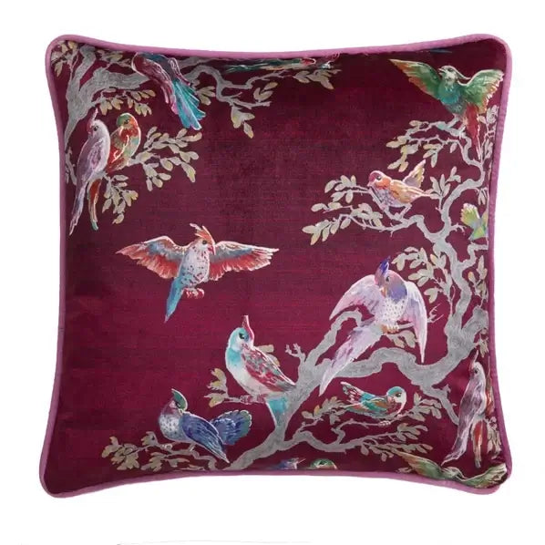 Pink Birdity Absurdity filled cushion with bird and floral print