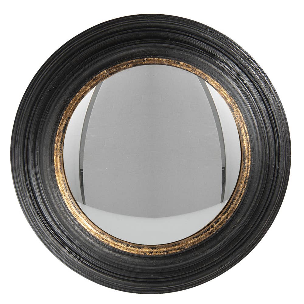 Round mirror with black frame on a white background