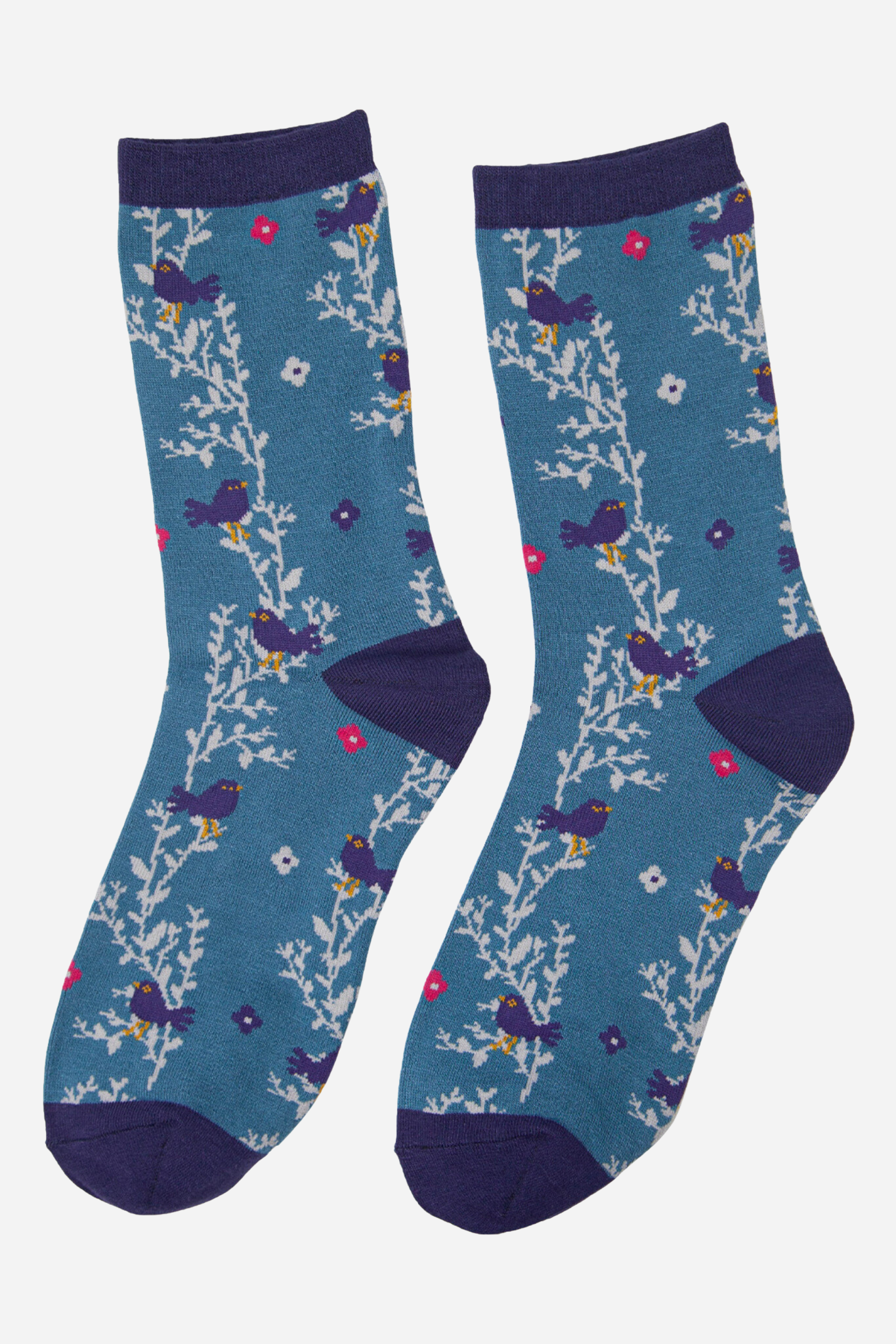 Blue socks with floral pattern on a white background