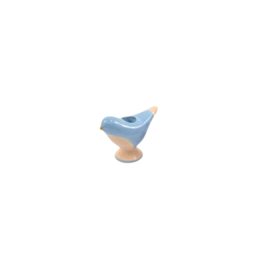 A small ceramic bird-shaped planter in light blue and beige, shown against a plain white background.