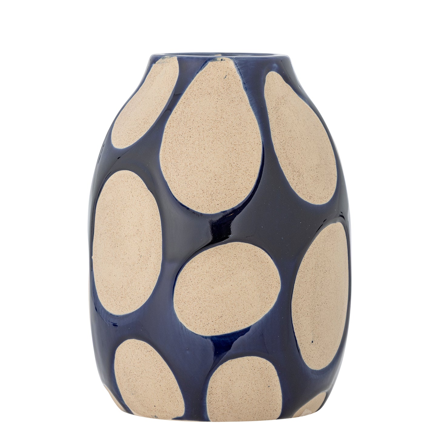 Ceramic vase with blue and beige pattern on a white background