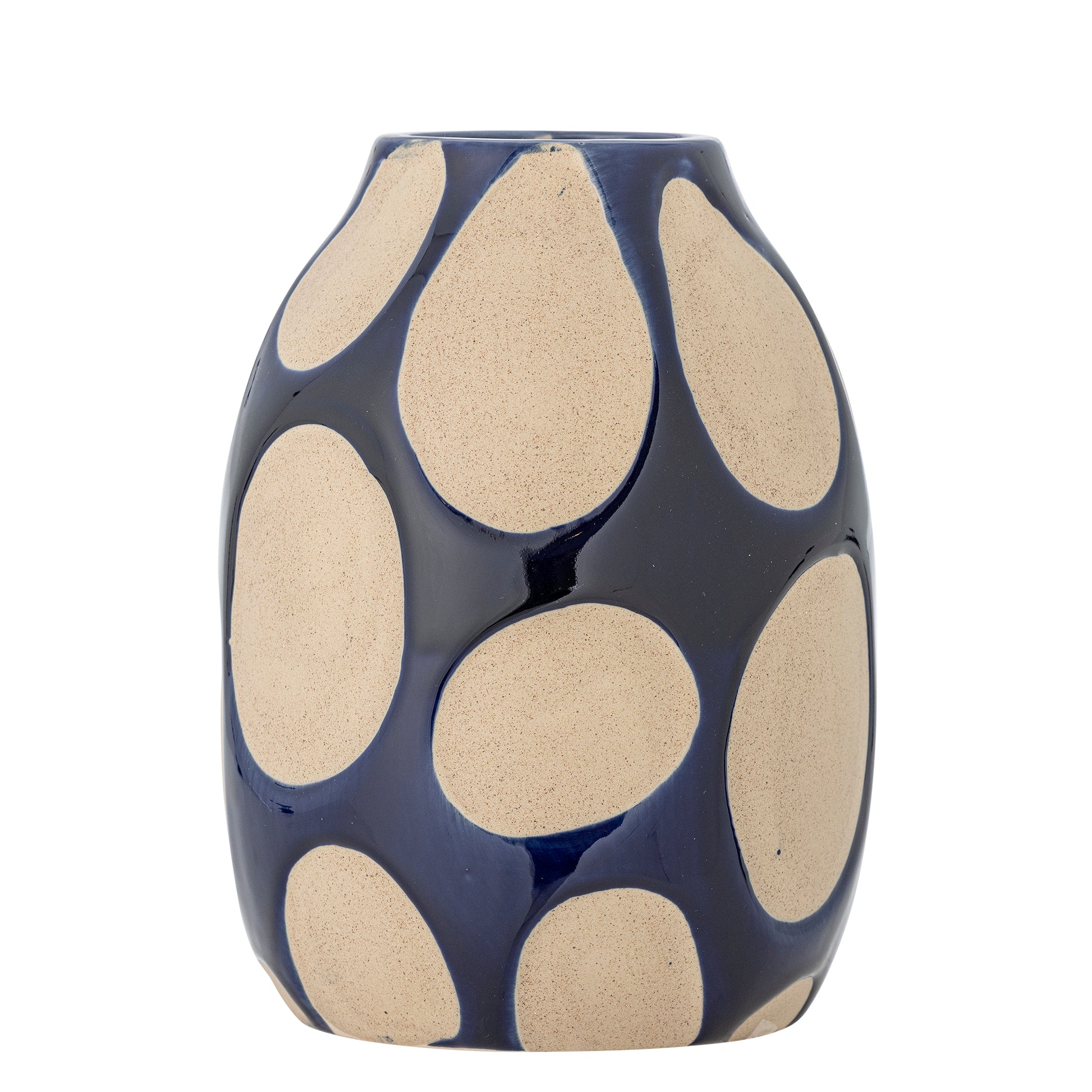 Ceramic vase with blue and beige pattern on a white background