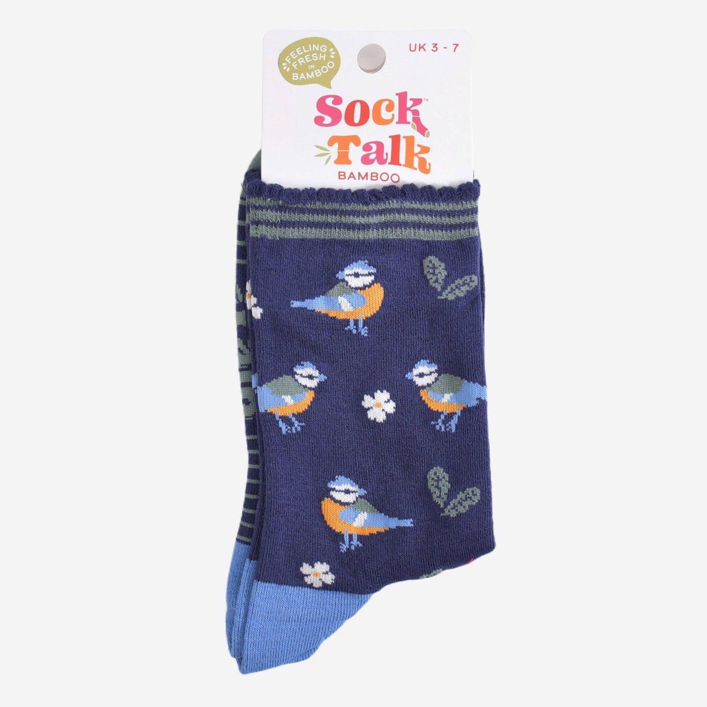 Navy blue sock with bird pattern on a white background, featuring 'Sock Talk' branding.