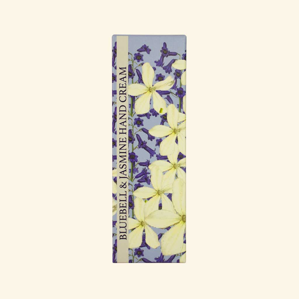 Box of Bluebell & Jasmine Hand Cream with floral design on a white background