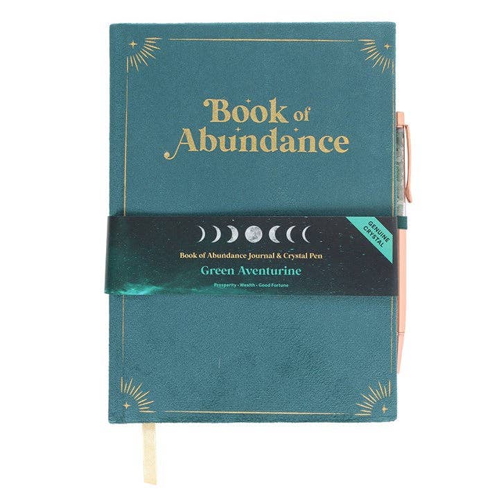 Teal journal titled 'Book of Abundance' with a pen on a white background
