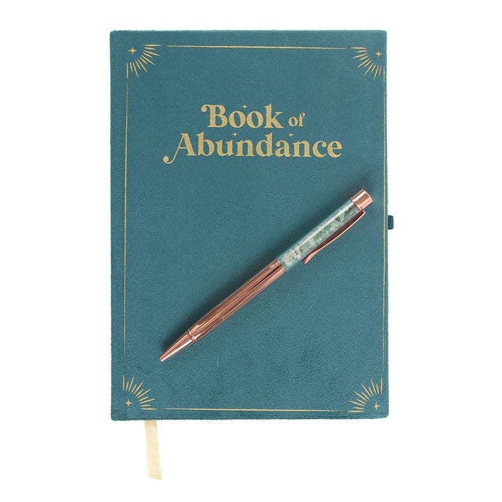Teal notebook titled 'Book of Abundance' with a pen on a white background
