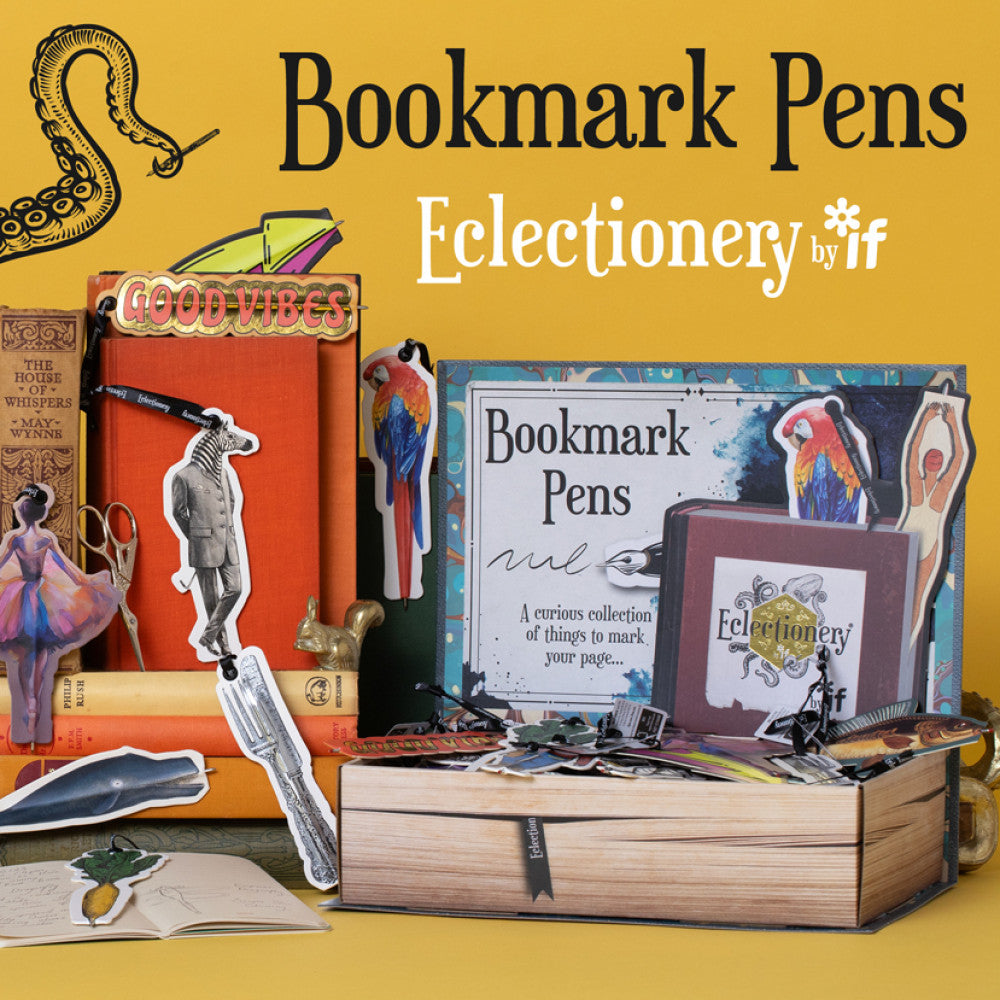 Collection of bookmark pens with a wooden box on a yellow background, featuring the brand 'Eclectionery by it'.