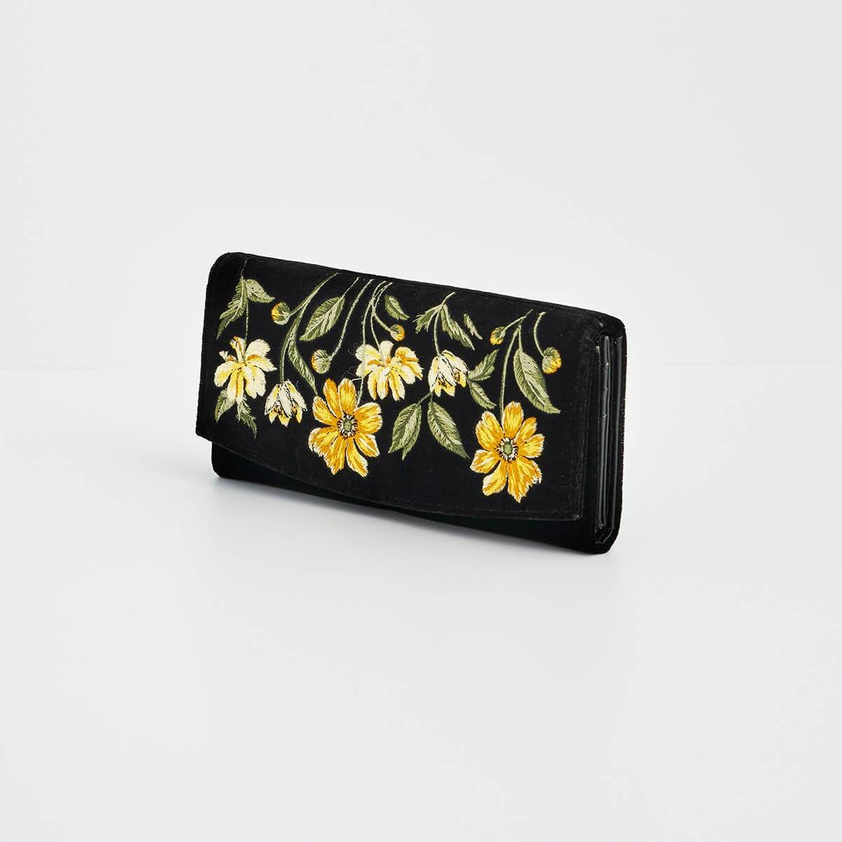 Black wallet with yellow floral embroidery on a white background