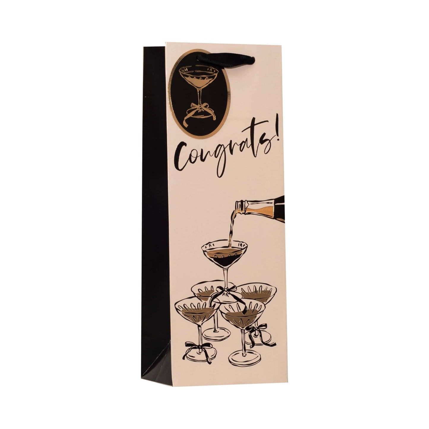 Gift botle bag with 'Congrats!' text and cocktail illustrations on a beige background