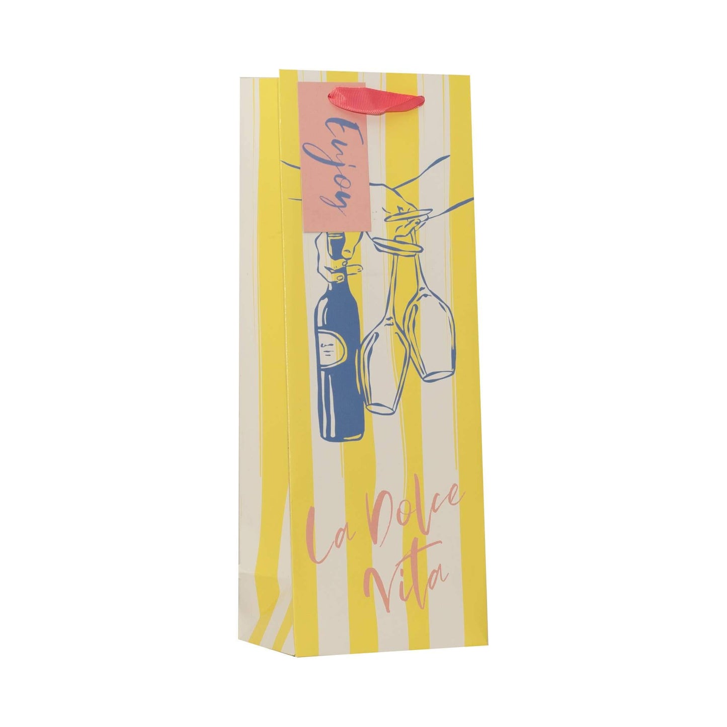 A yellow and cream striped paper gift bag with illustrations of wine bottles and glasses, featuring the text 'La Dolce Vita' in pink script and a red handle.
