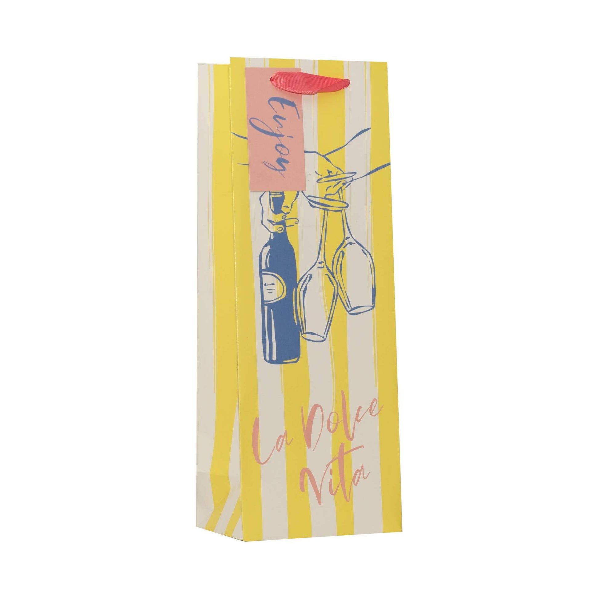 A yellow and cream striped paper gift bag with illustrations of wine bottles and glasses, featuring the text 'La Dolce Vita' in pink script and a red handle.