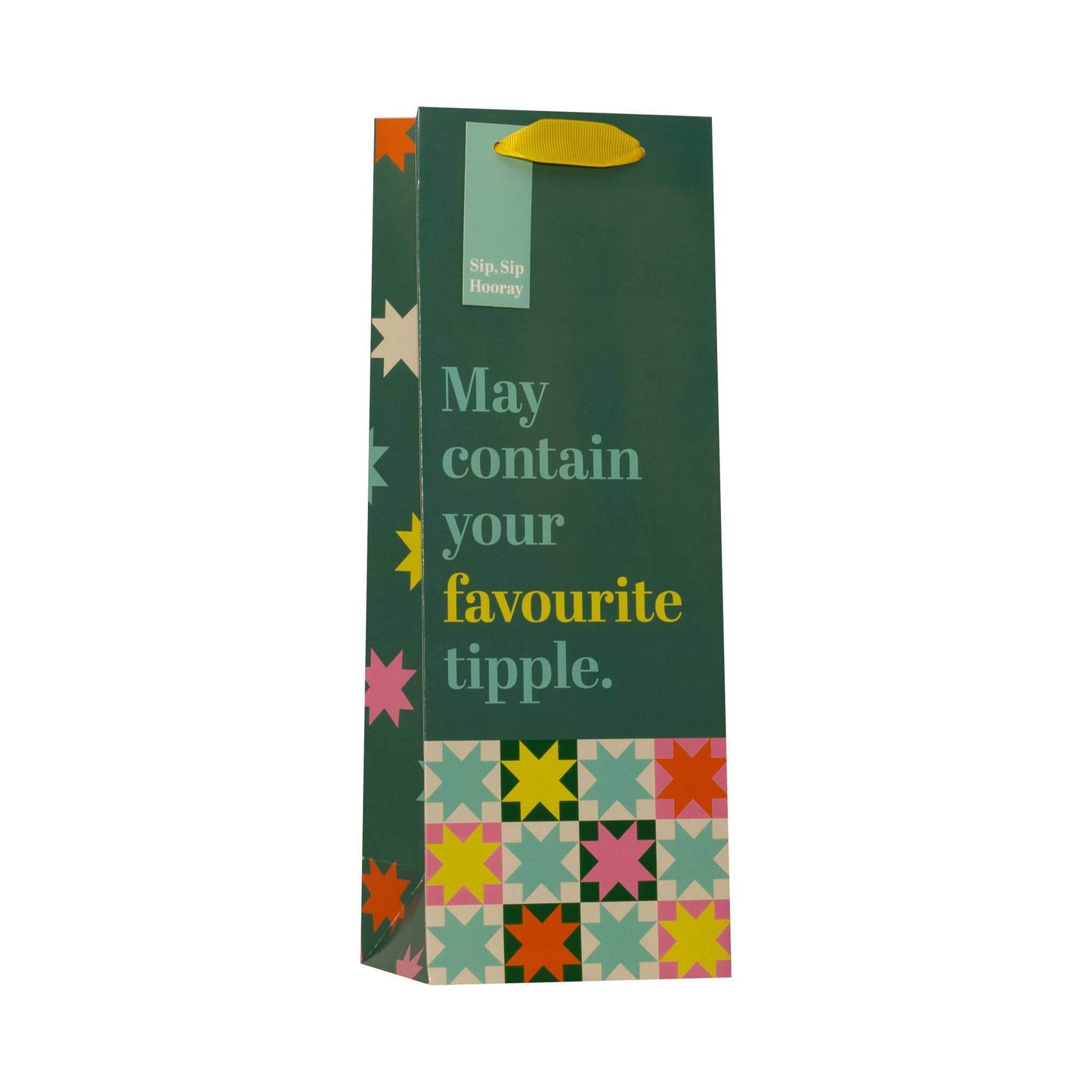 A dark green gift bag with a yellow handle and printed text reading 'May contain your favourite tipple.' in pale green and yellow, decorated with colorful geometric star patterns along the sides and bottom.