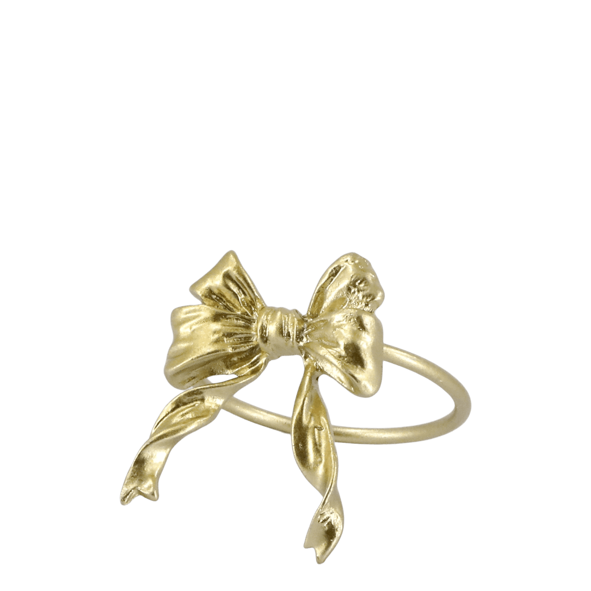 A gold bow ring with a textured, metallic finish and a thin band, shown on a plain white background.