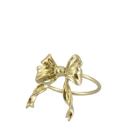 A gold bow ring with a textured, metallic finish and a thin band, shown on a plain white background.