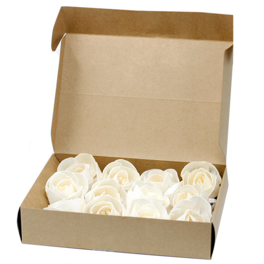 Box of white roses with a brown cardboard box on a white background
