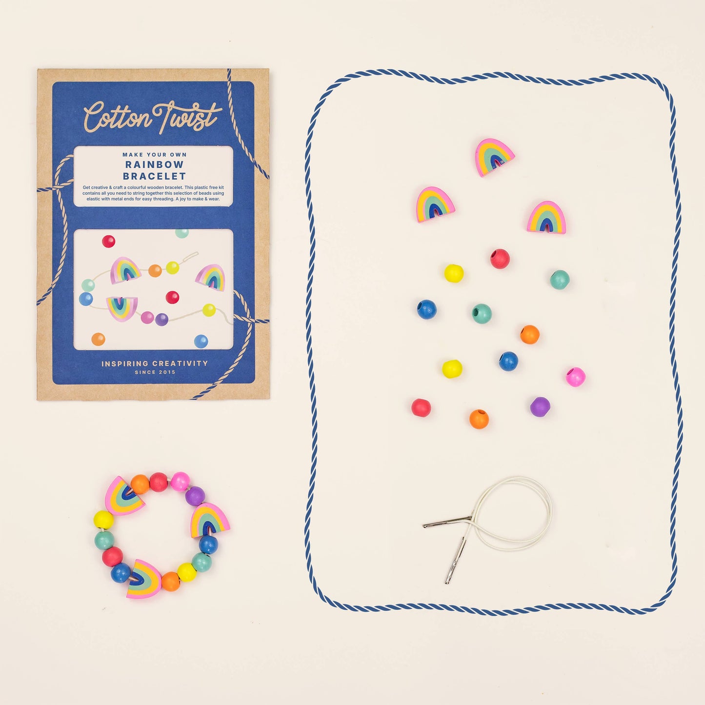 Cotton Twist rainbow bracelet kit with colorful beads and packaging on a white background
