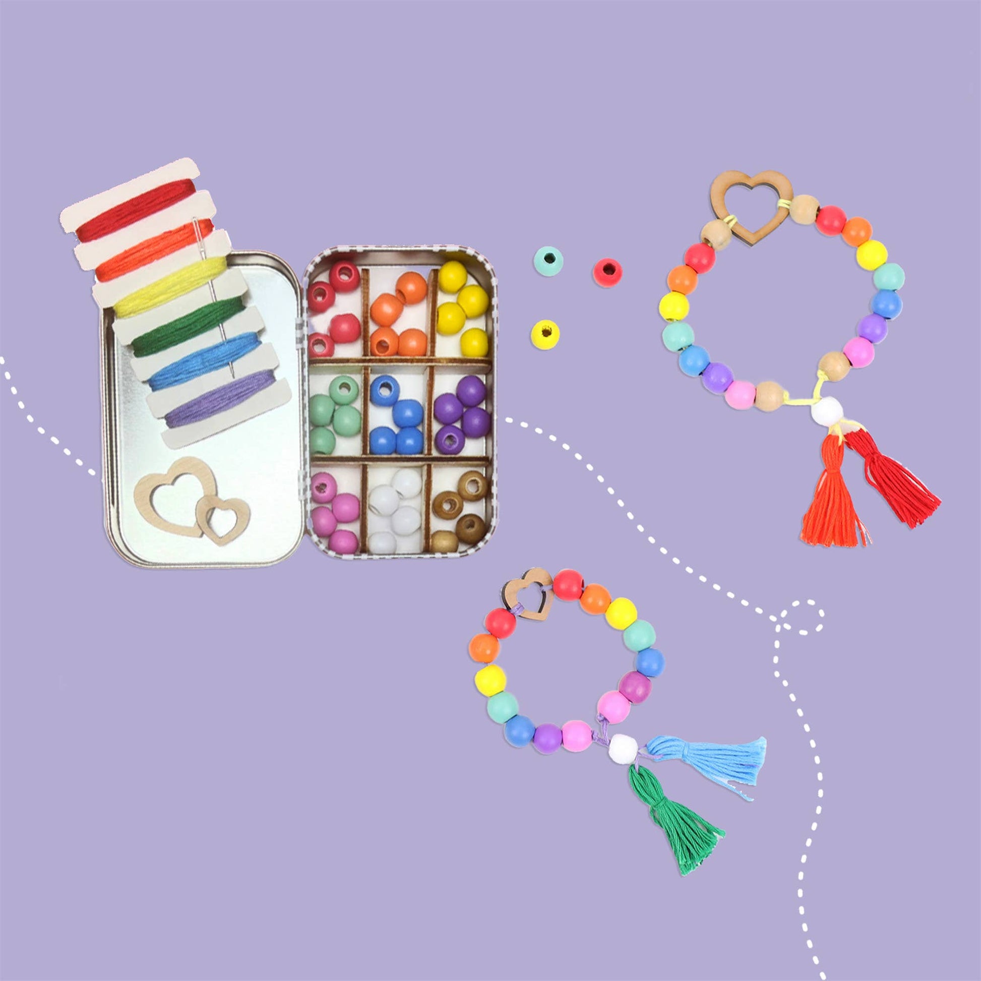 Colorful beaded bracelets with a small tin containing beads on a purple background