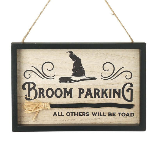 Halloween-themed sign with 'Broom Parking' text and witch hat design.