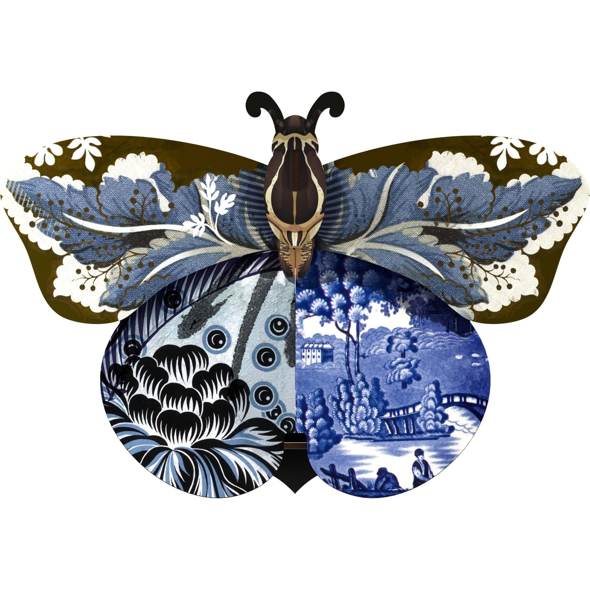 A decorative butterfly wall decor with hidden storage compartment, featuring a mix of floral and geometric patterns in a blue color palette.