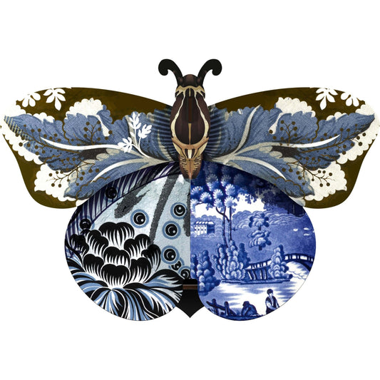 A decorative butterfly wall decor with hidden storage compartment, featuring a mix of floral and geometric patterns in a blue color palette.