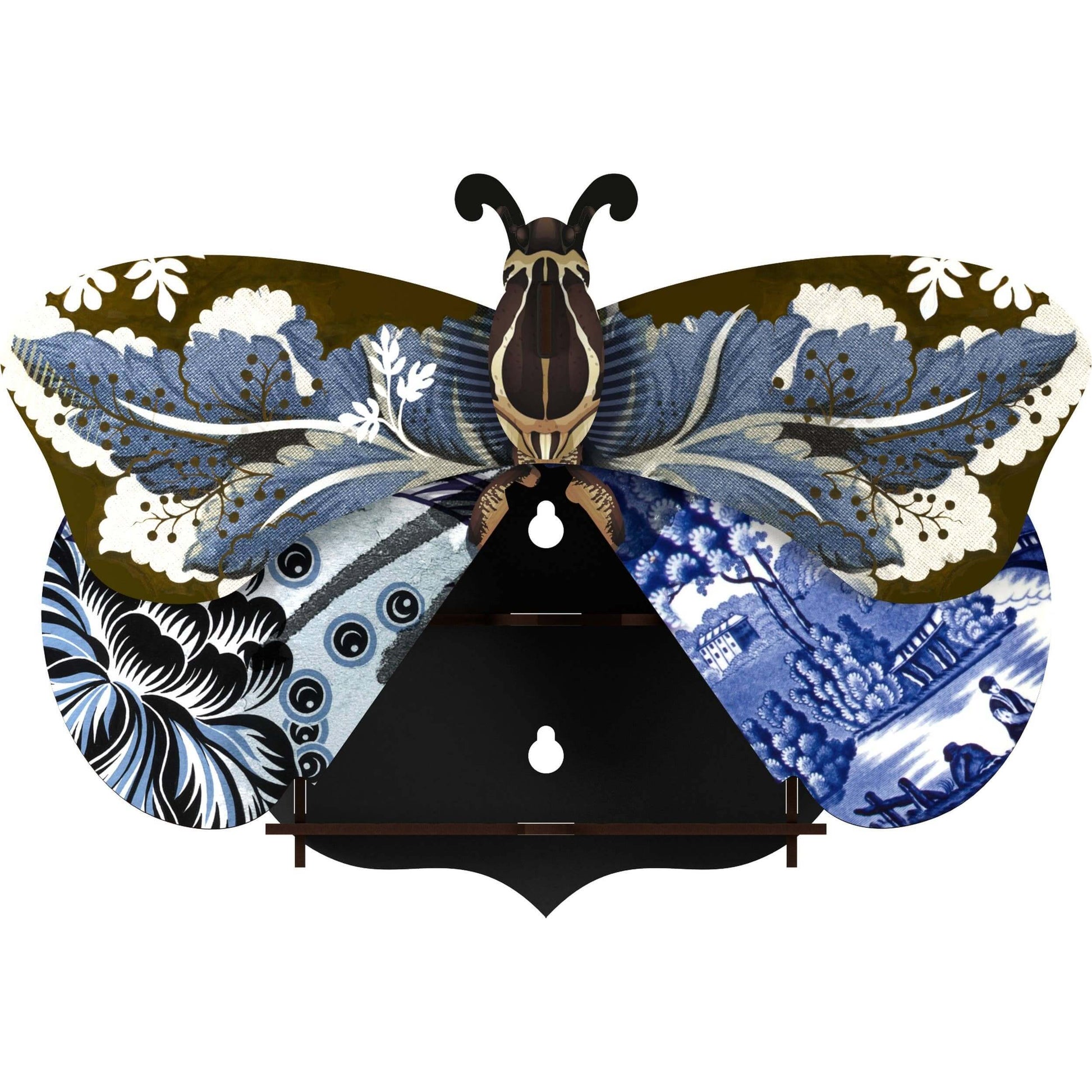 A decorative butterfly wall decor with hidden storage compartment, featuring a mix of floral and geometric patterns in a blue color palette.