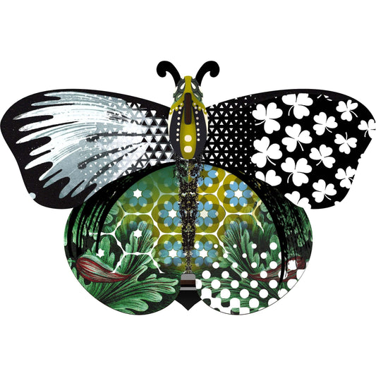 A decorative butterfly wall piece with hidden storage compartment, featuring a mix of floral and geometric patterns in a multicolored design.