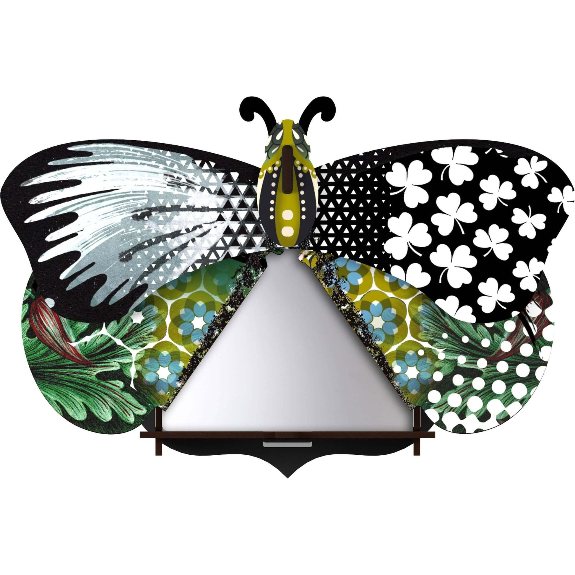 A decorative butterfly wall piece with hidden storage compartment, featuring a mix of floral and geometric patterns in a multicolored design.