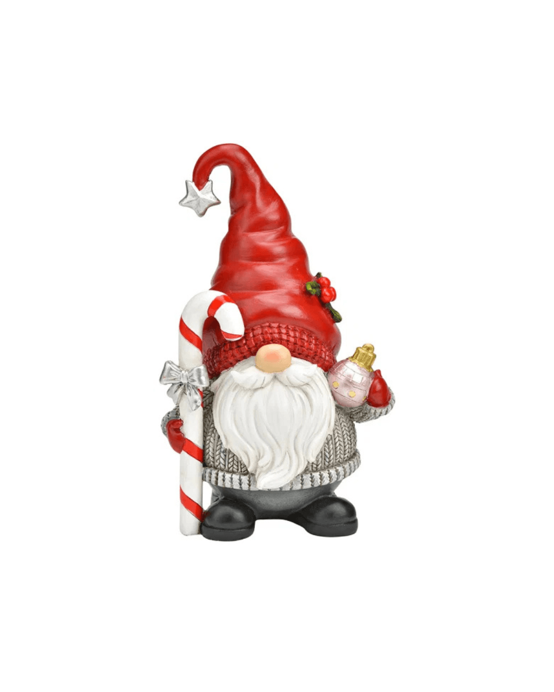 Christmas gnome figurine with red hat and candy cane on a white background