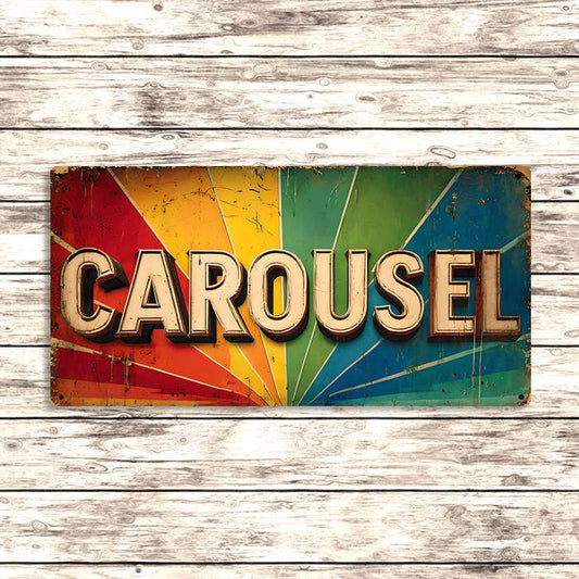 Colorful sign with 'CAROUSEL' text on a wooden background