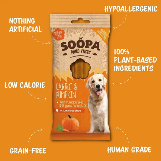 Packaging of Soopa Jumbo Sticks Dog Treat with an image of a dog and pumpkins, highlighting the product's natural ingredients and benefits such as being hypoallergenic, low calorie, and grain-free.