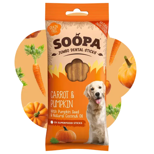A package of Soopa Jumbo Dental Sticks for dogs, specifically the Carrot & Pumpkin flavor. The packaging is orange and beige with illustrations of carrots, pumpkins, and a golden retriever dog.