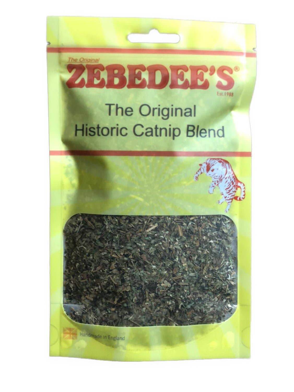 A pouch of Zebedee's Historic Catnip Blend, showing the product name and a window displaying the dried herb mix inside.