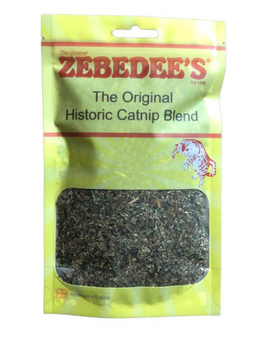 A pouch of Zebedee's Historic Catnip Blend, showing the product name and a window displaying the dried herb mix inside.