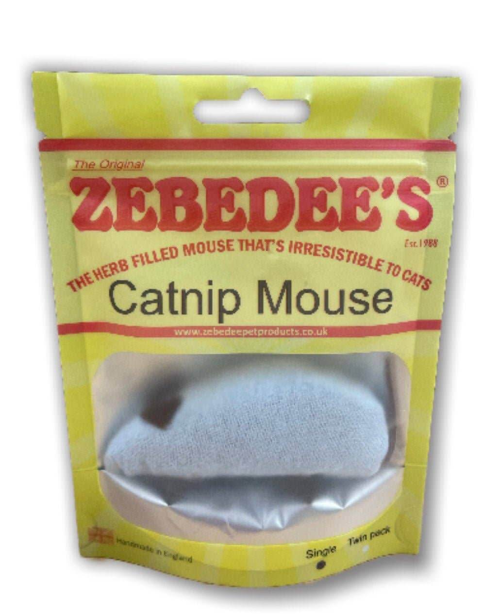 Packaging of Zebedee's Catnip Mouse showing the blue cat toy inside a clear plastic pouch with yellow branding around it.